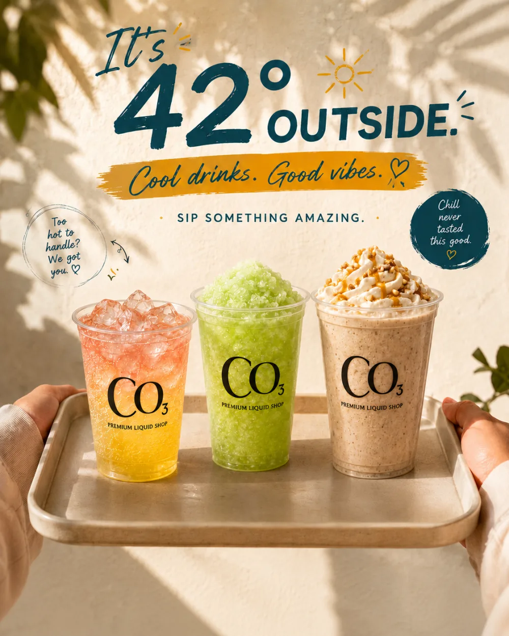 Three colourful CO3 summer drinks on a tray